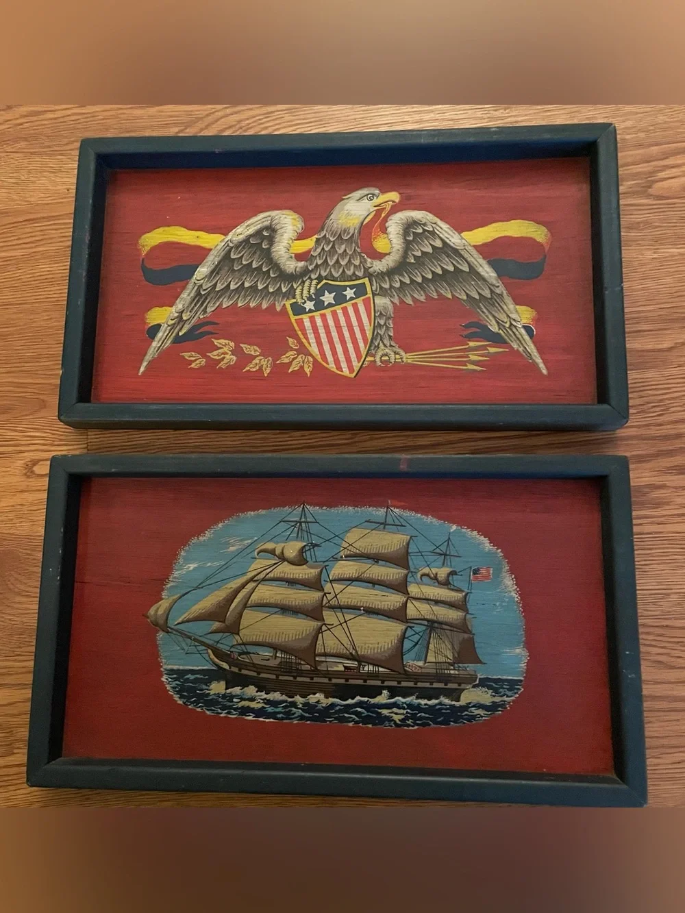 Vintage Yorkcraft Inc Wooden Trays /Plaques Patriotic Eagle Sailing Ship America